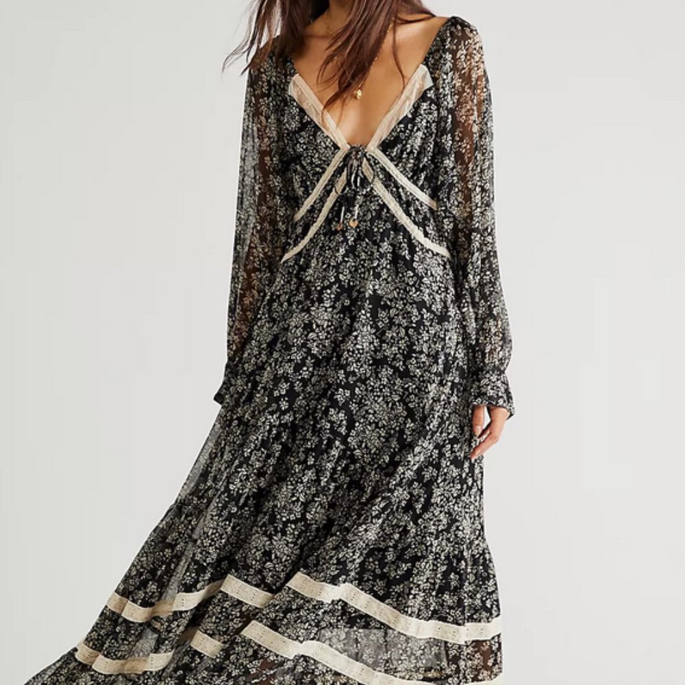 Free People Black and Cream Floral Maxi Dress